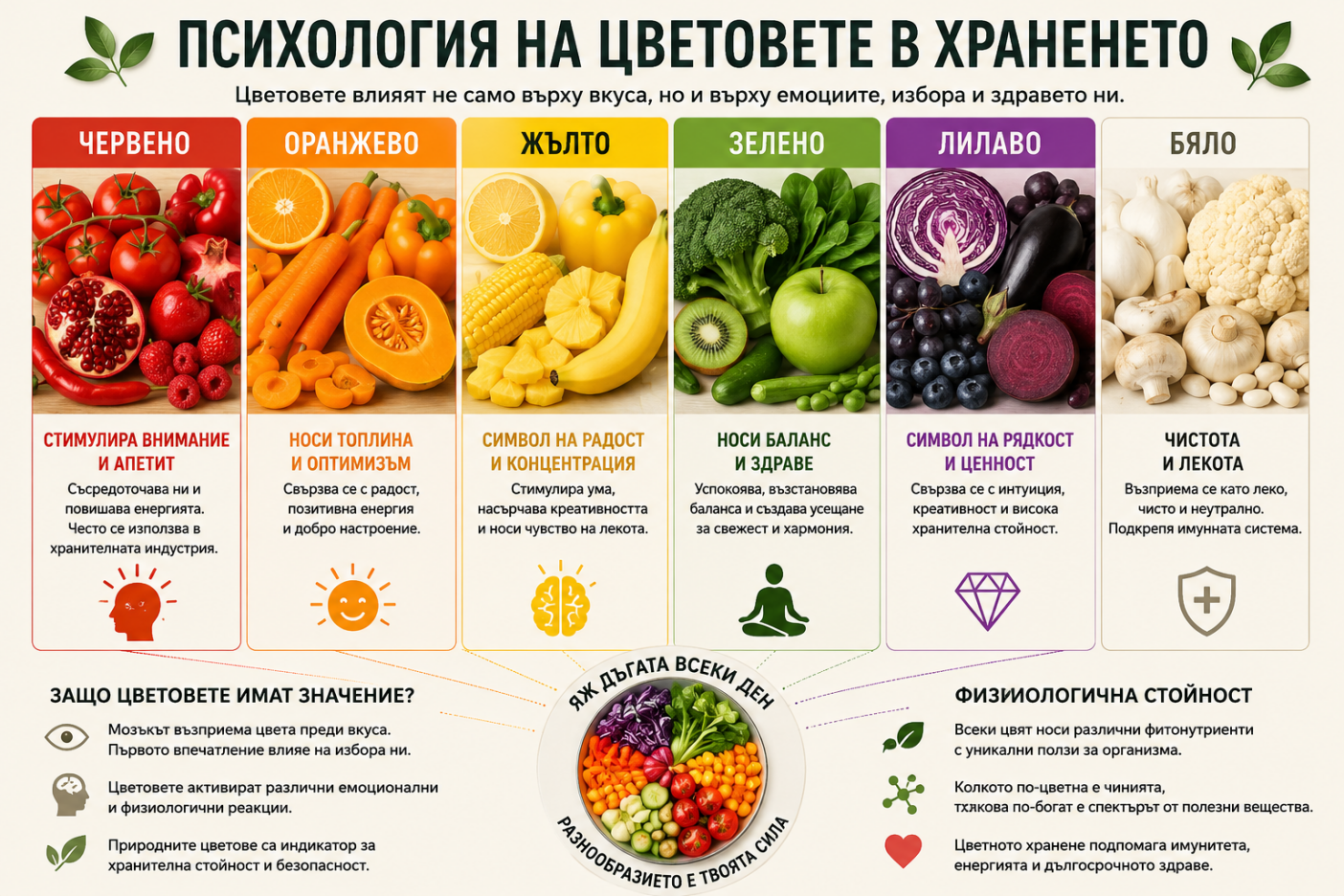 Психология на цветовете в храната — червено за енергия, оранжево за оптимизъм, жълто за радост, зелено за баланс, лилаво за креативност, бяло за чистота