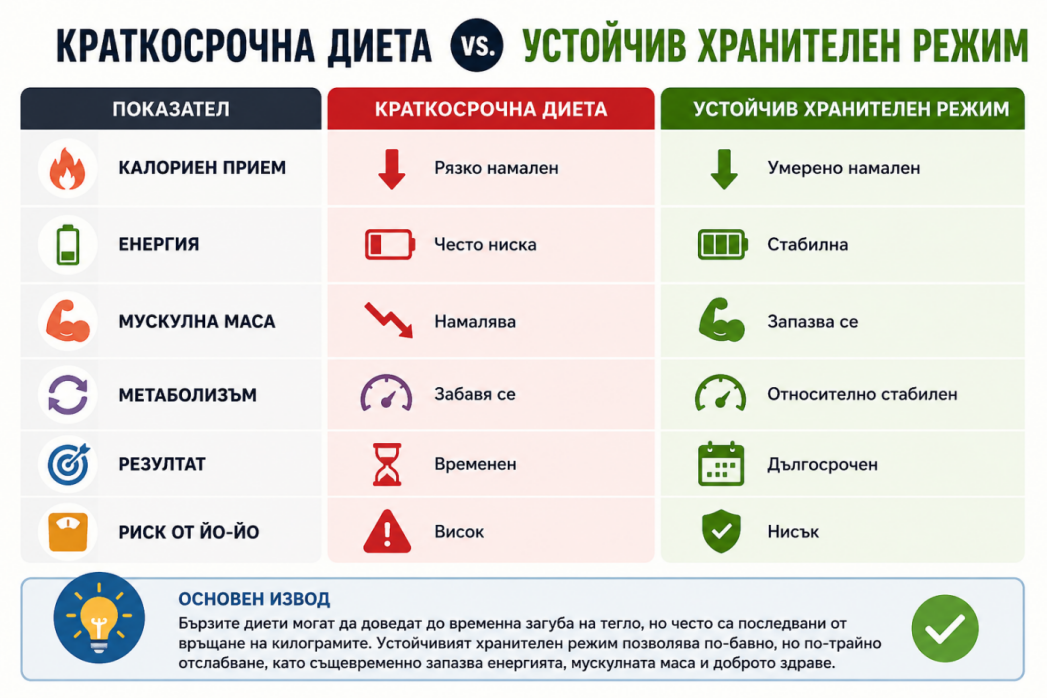 Таблица със 7 показателя: калориен прием, енергия, мускулна маса, метаболизъм, резултат, риск от йо-йо и заключение