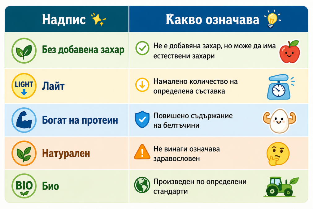 Рекламни надписи - Marketing claims on packaging Илюстрация с рекламни надписи върху опаковки | Illustration of marketing claims on food packaging