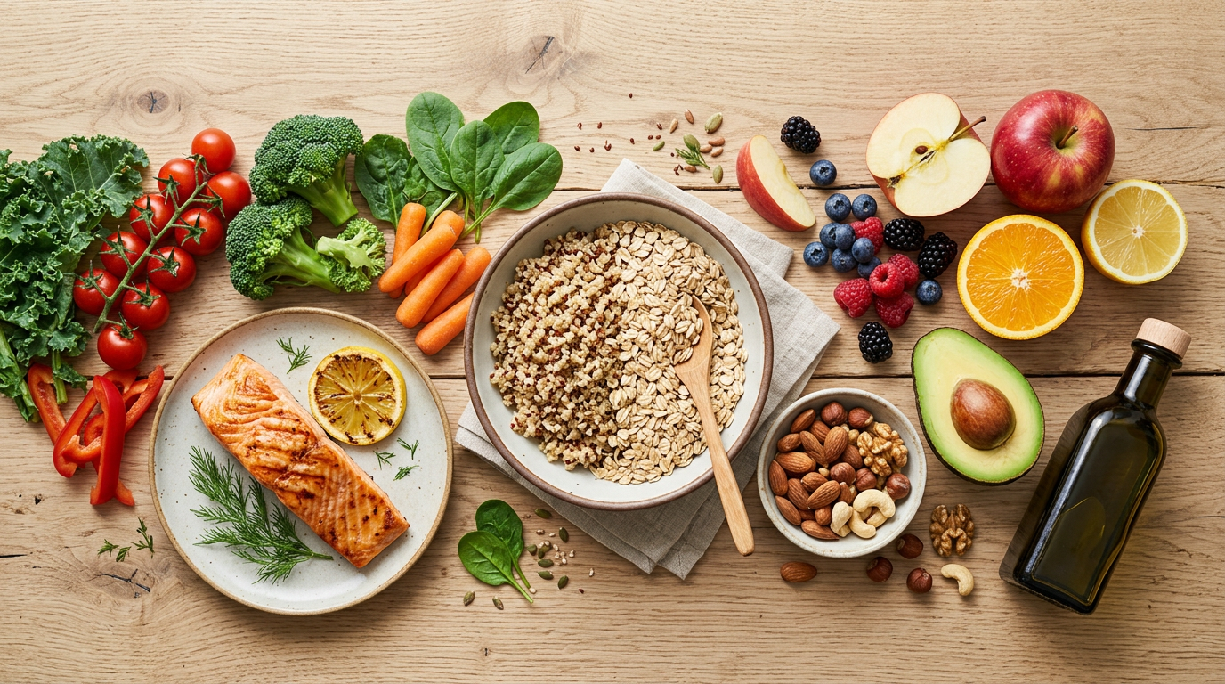 Балансирана композиция от пресни храни на дървена маса | Balanced whole foods flat lay on wooden table