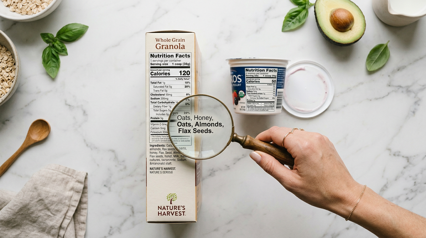 Ръка с лупа разглежда етикет на храна | Hand with magnifying glass reading a food label