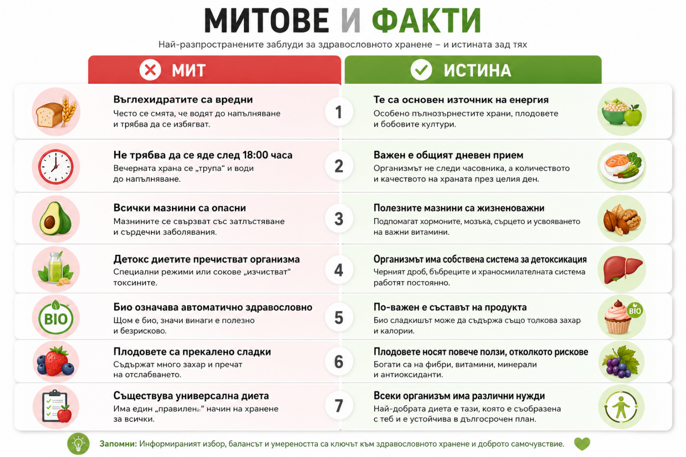 Митове и факти за здравословното хранене – обобщение | Healthy eating myths vs facts — summary